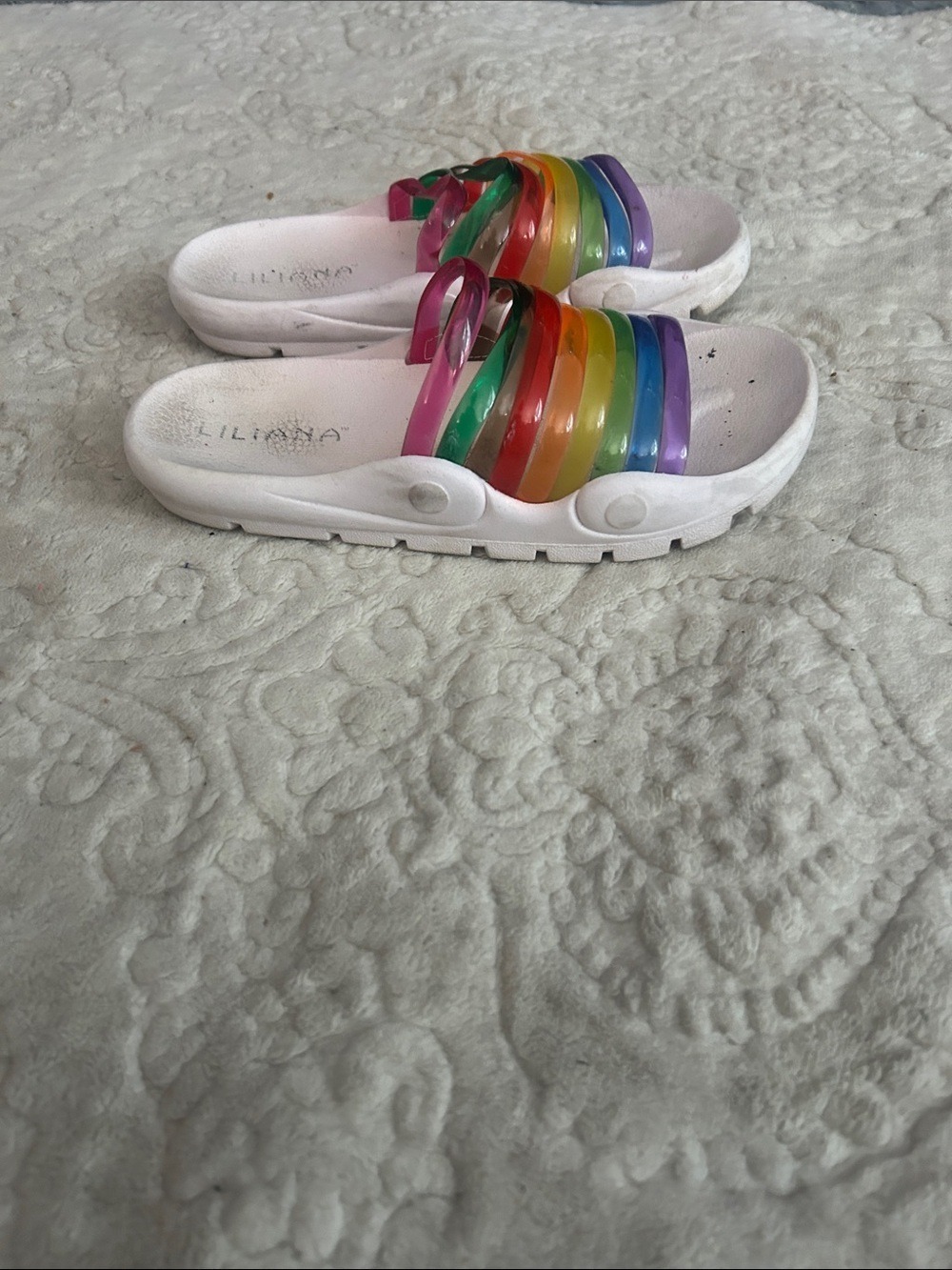 Liliana White Slide Sandals Rainbow Straps - Picture 3 of 3
